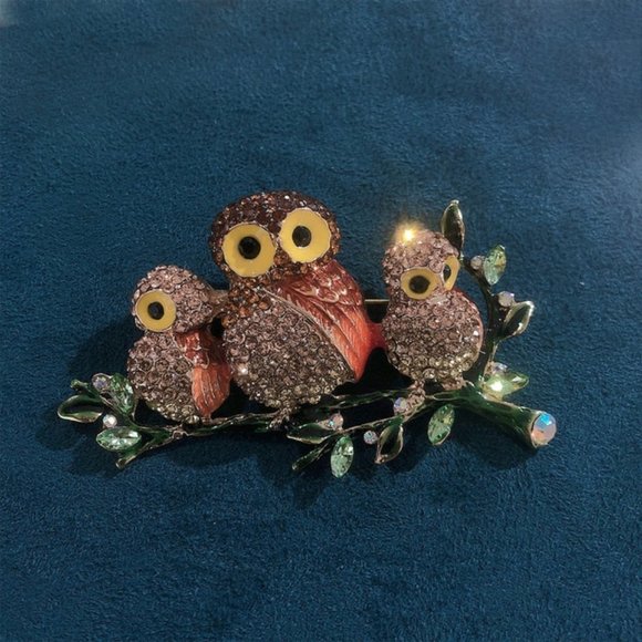 Brown Owls Rhinestone Pin Broach - Picture 1 of 3